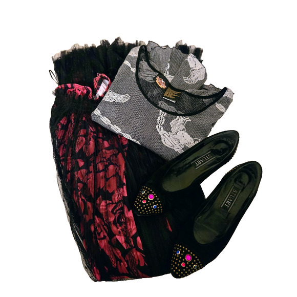 Johnny Was Yolanda Jade Boho pleated maxi skirt black lace fuchsia pink XS - Picture 4 of 16